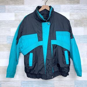 Gitano Retro Nylon Puffer Ski Jacket Black Green Colorblock Vintage Mens Medium